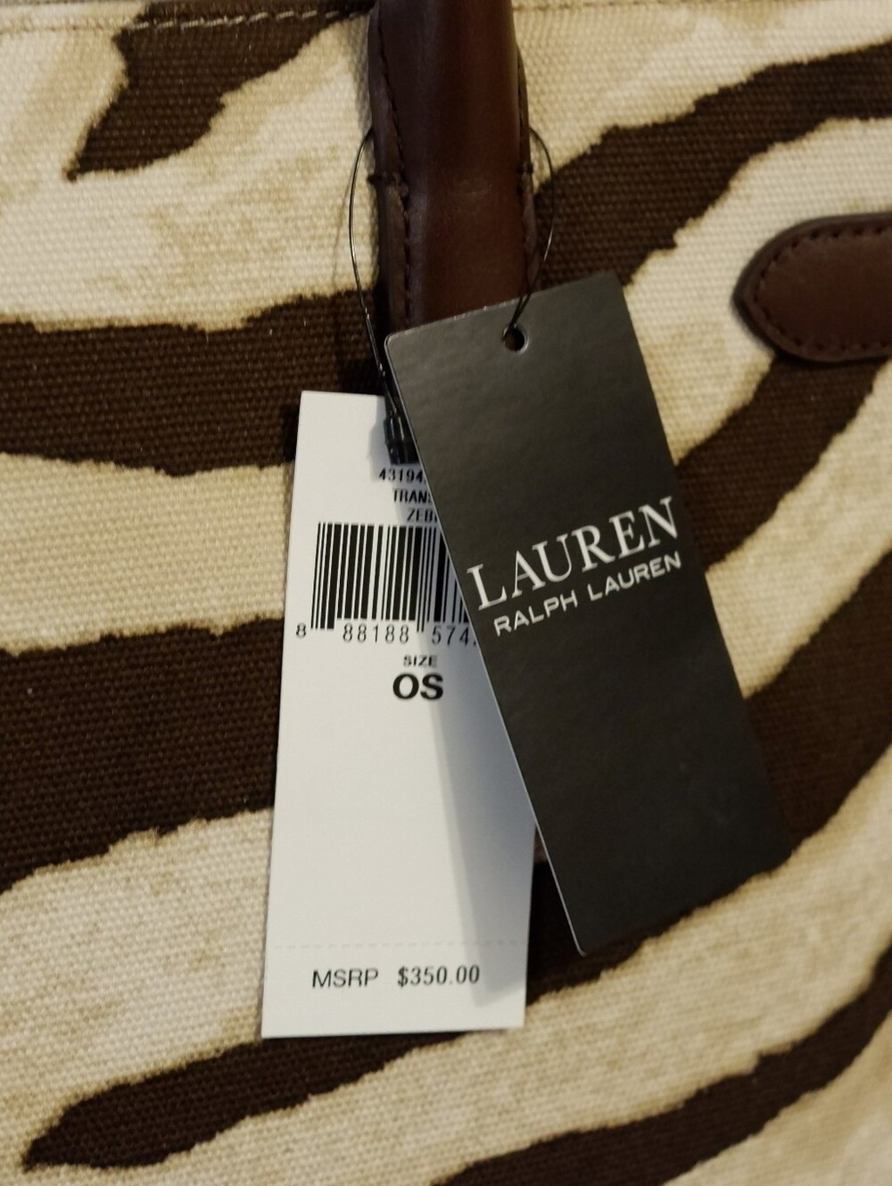 NWT Lauren Ralph Lauren Zebra-Print Canvas Extra Large Devyn Tote Bag MSRP $350! - Picture 5 of 8